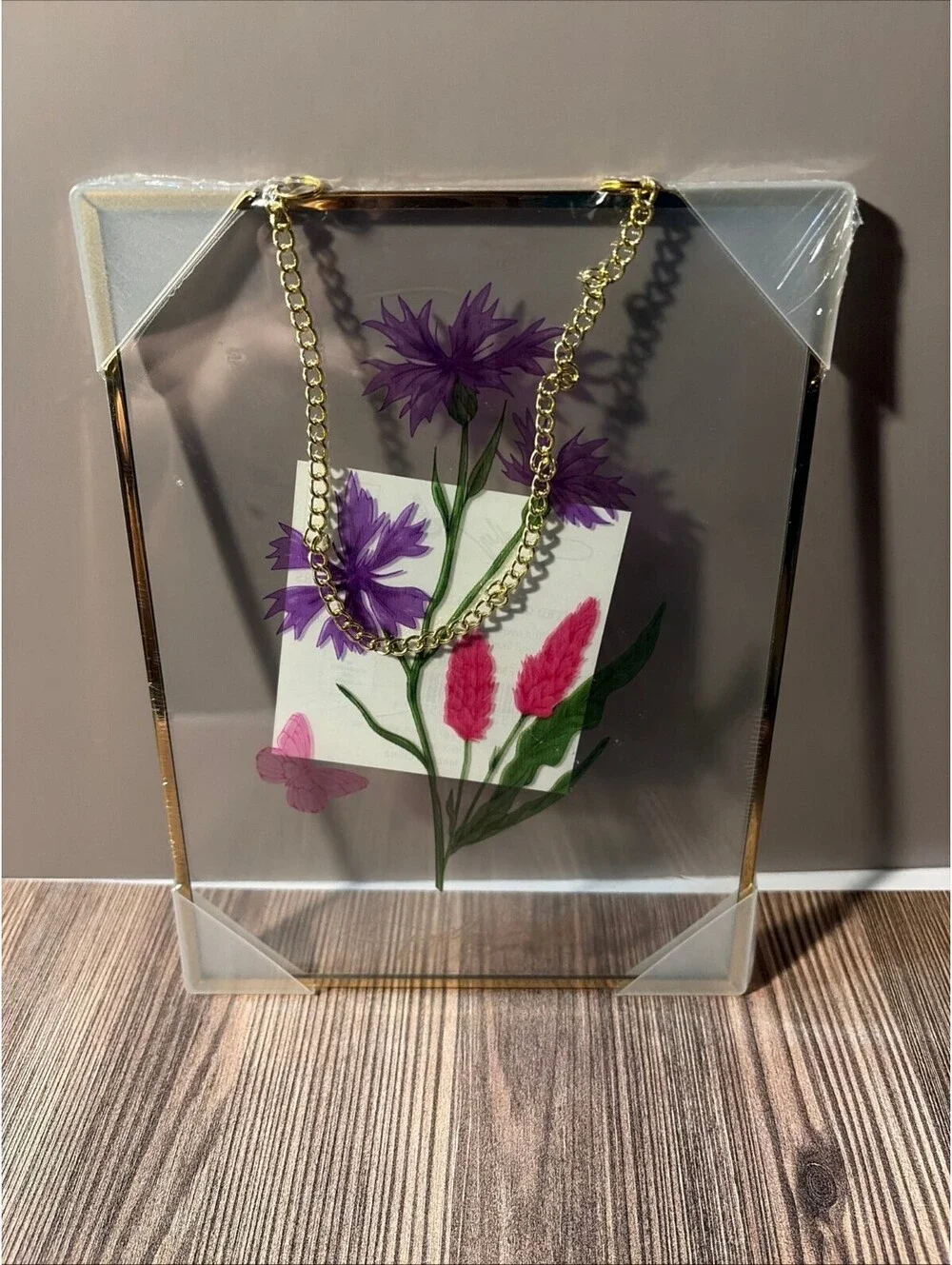 Dolly Parton Peri Blue Flowers Printed Glass Panel Butterfly Gold Chain NWT